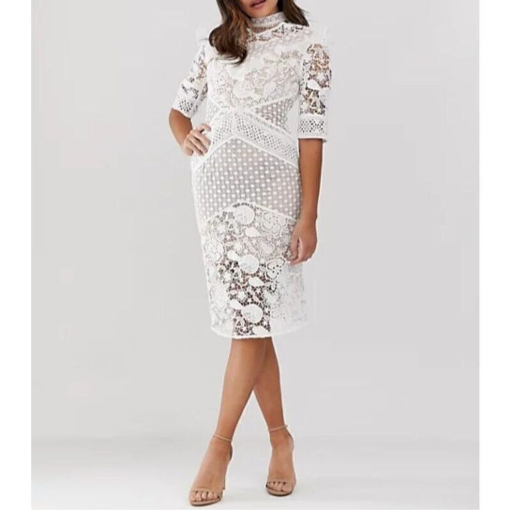 True Decadence Dress Size 16 White Premium Lace Nude Lining Midi Dress